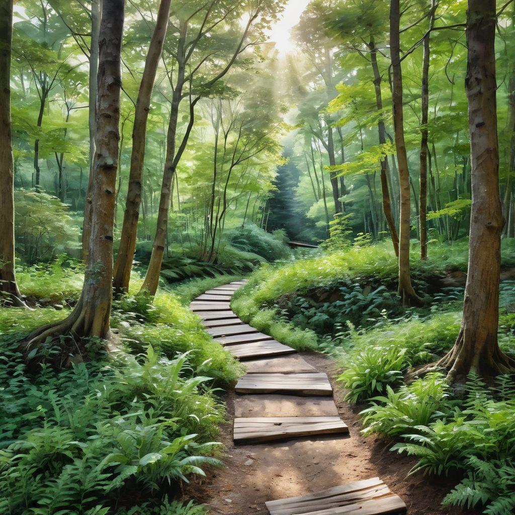 A serene landscape featuring a winding path through a lush, green forest, symbolizing the journey of wellness. Along the path, diverse oncology patients in various stages of recovery engage in holistic activities, such as yoga and meditation. Soft sunlight filters through the trees, illuminating the scene and creating a sense of hope and tranquility. Include elements like essential oils, healthy foods, and supportive community interactions. watercolor painting. vibrant colors.