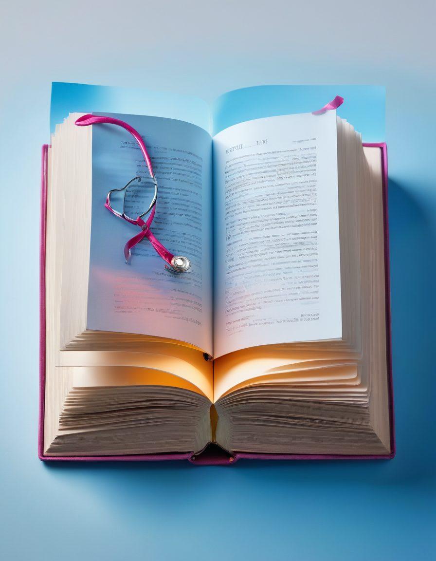 An open book with vibrant pages displaying various cancer education resources, illuminated by a warm light. Surrounding the book are symbolic representations of cancer awareness, such as ribbons and a stethoscope, set against a soothing blue backdrop. Include diverse individuals researching and discussing together, showcasing unity and empowerment in knowledge. super-realistic. vibrant colors. white background.